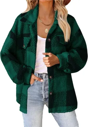 Womens Casual Fuzzy Fleece Jacket Wool Blend Plaid Flannel Button Down Shirts Shackets Jacket Coats Outfits Tops