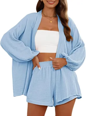 Women's Casual Two Piece Outfits Long Sleeve Kimono Blouse High Waisted Shorts Lounge Set Light Blue X-Large