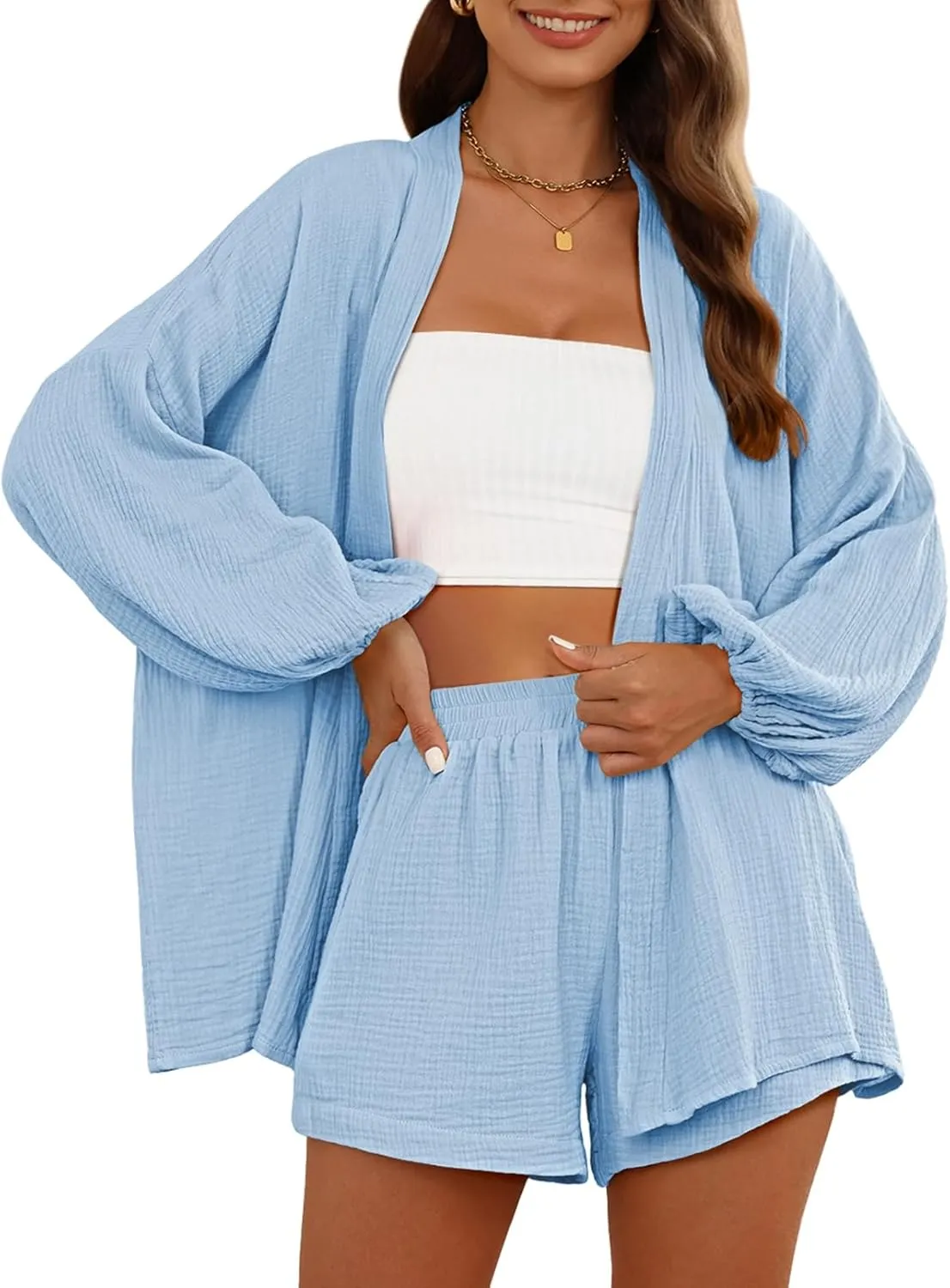 Women's Casual Two Piece Outfits Long Sleeve Kimono Blouse High Waisted Shorts Lounge Set Light Blue X-Large