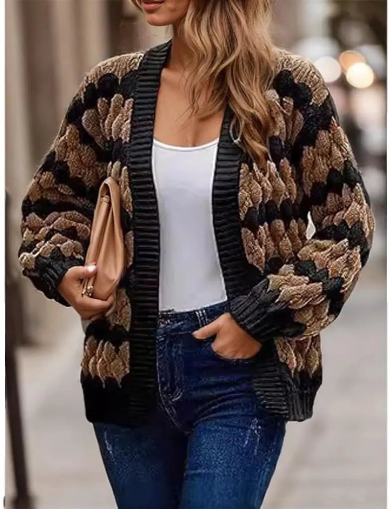 Womens Chunky Cardigan Sweaters Oversized Striped Colorblock Long Sleeve Open Front Cable Knit Fall Cardigan