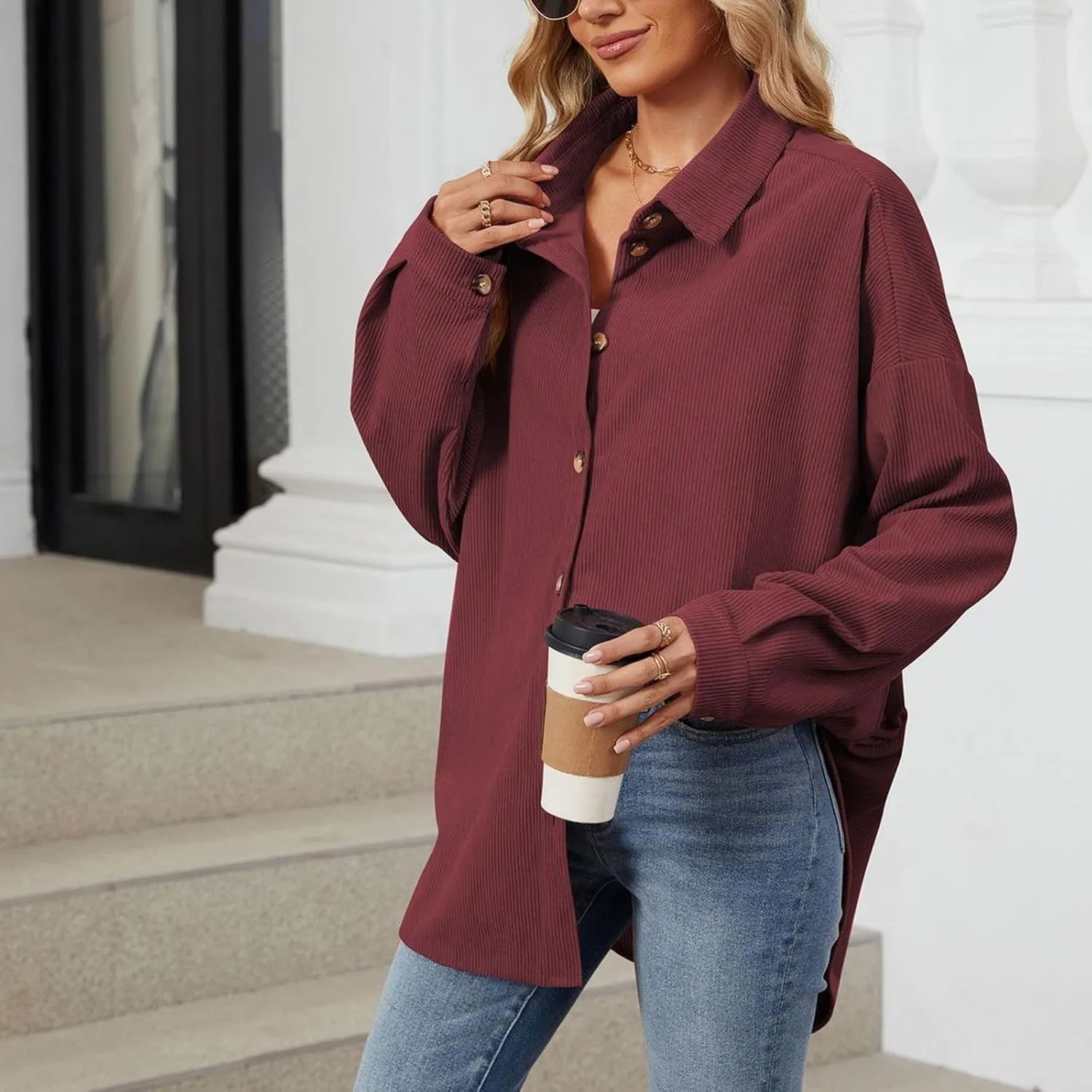 Women's Corduroy Shirt Long Sleeve Button Down Shacket Jacket Casual Oversized Top Trendy Versatile Fall Coats 2024