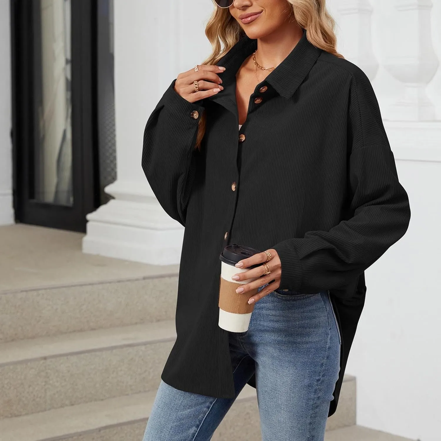 Women's Corduroy Shirt Long Sleeve Button Down Shacket Jacket Casual Oversized Top Trendy Versatile Fall Coats 2024
