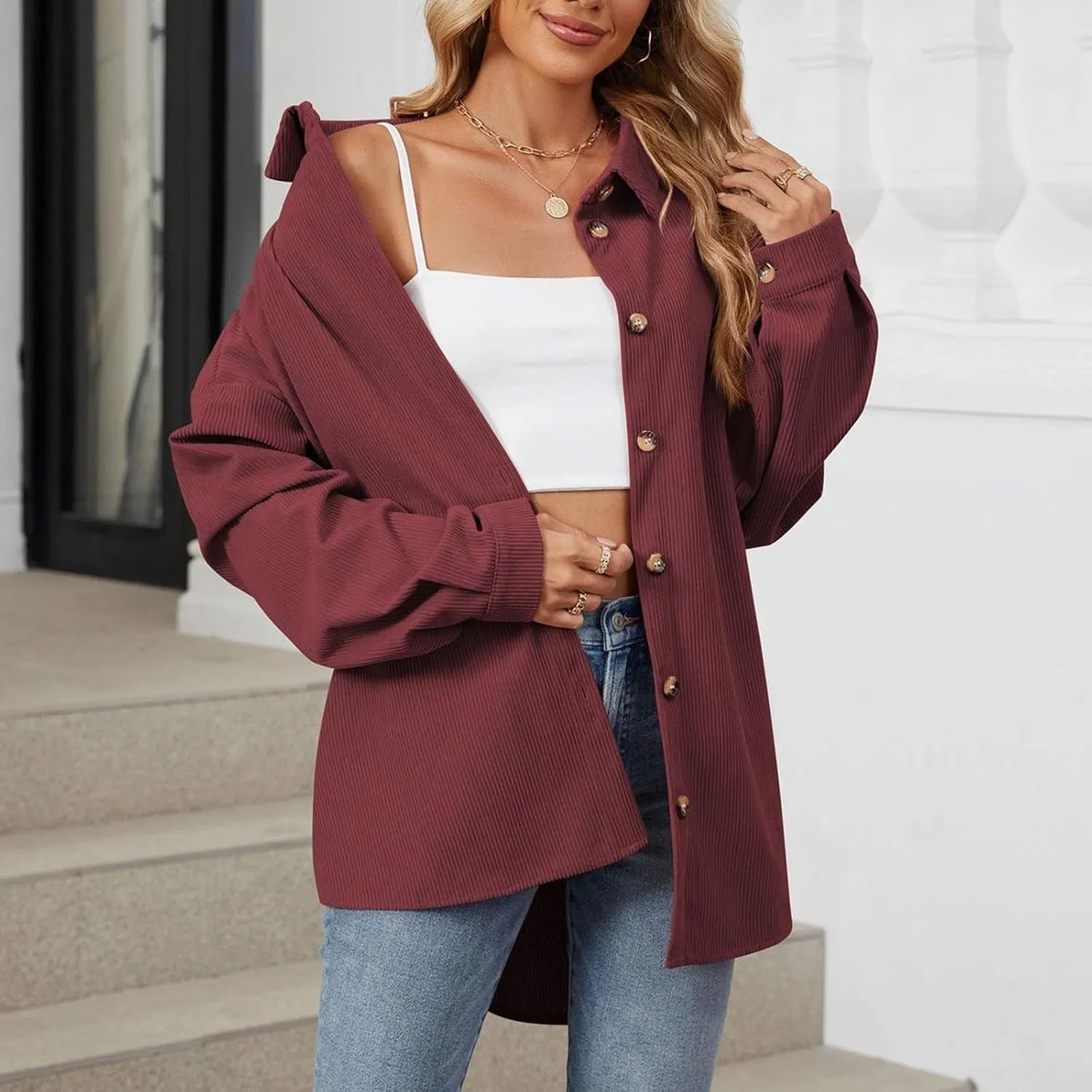 Women's Corduroy Shirt Long Sleeve Button Down Shacket Jacket Casual Oversized Top Trendy Versatile Fall Coats 2024