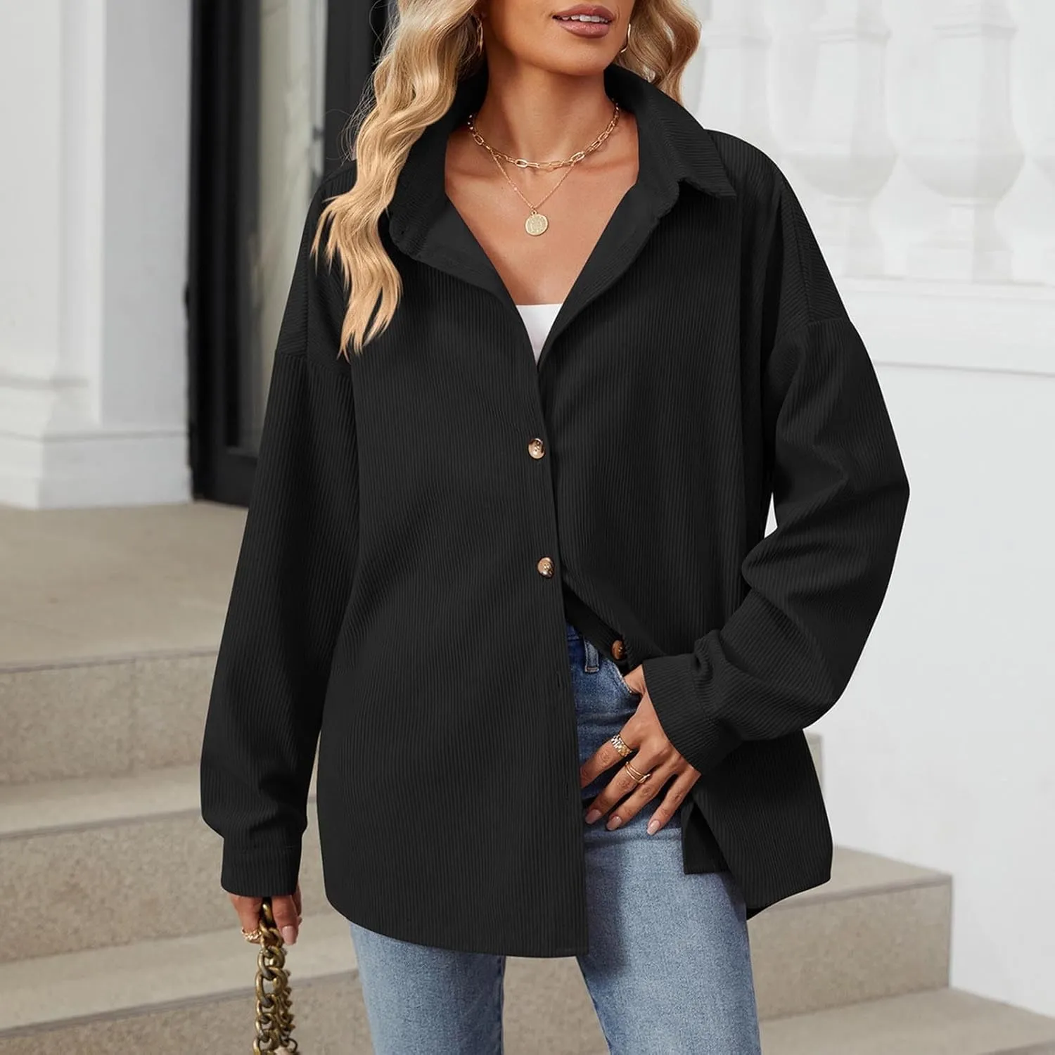 Women's Corduroy Shirt Long Sleeve Button Down Shacket Jacket Casual Oversized Top Trendy Versatile Fall Coats 2024