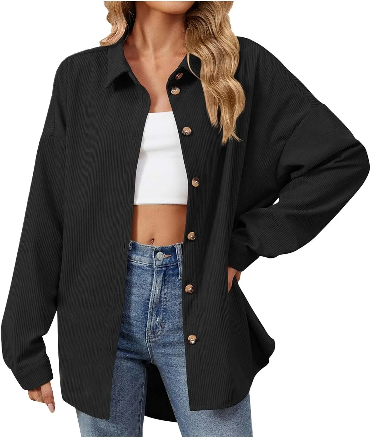 Women's Corduroy Shirt Long Sleeve Button Down Shacket Jacket Casual Oversized Top Trendy Versatile Fall Coats 2024