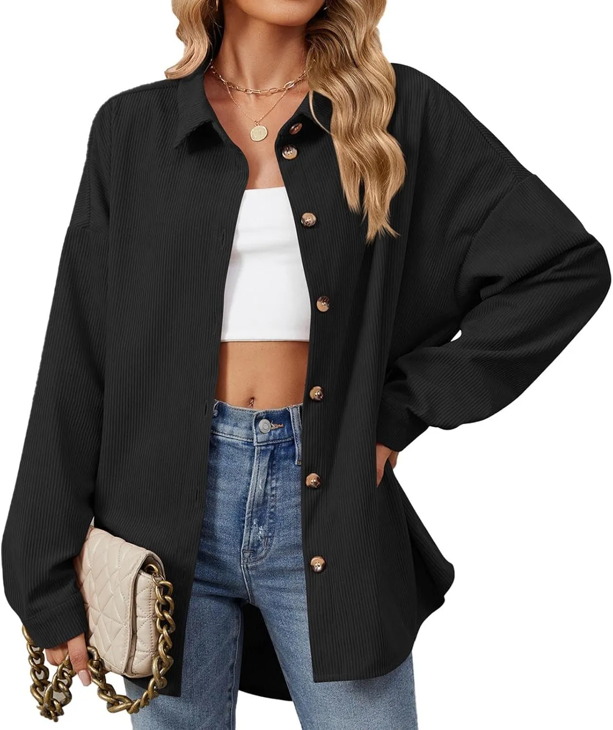 Women's Corduroy Shirt Long Sleeve Button Down Shacket Jacket Casual Oversized Top Trendy Versatile Fall Coats 2024