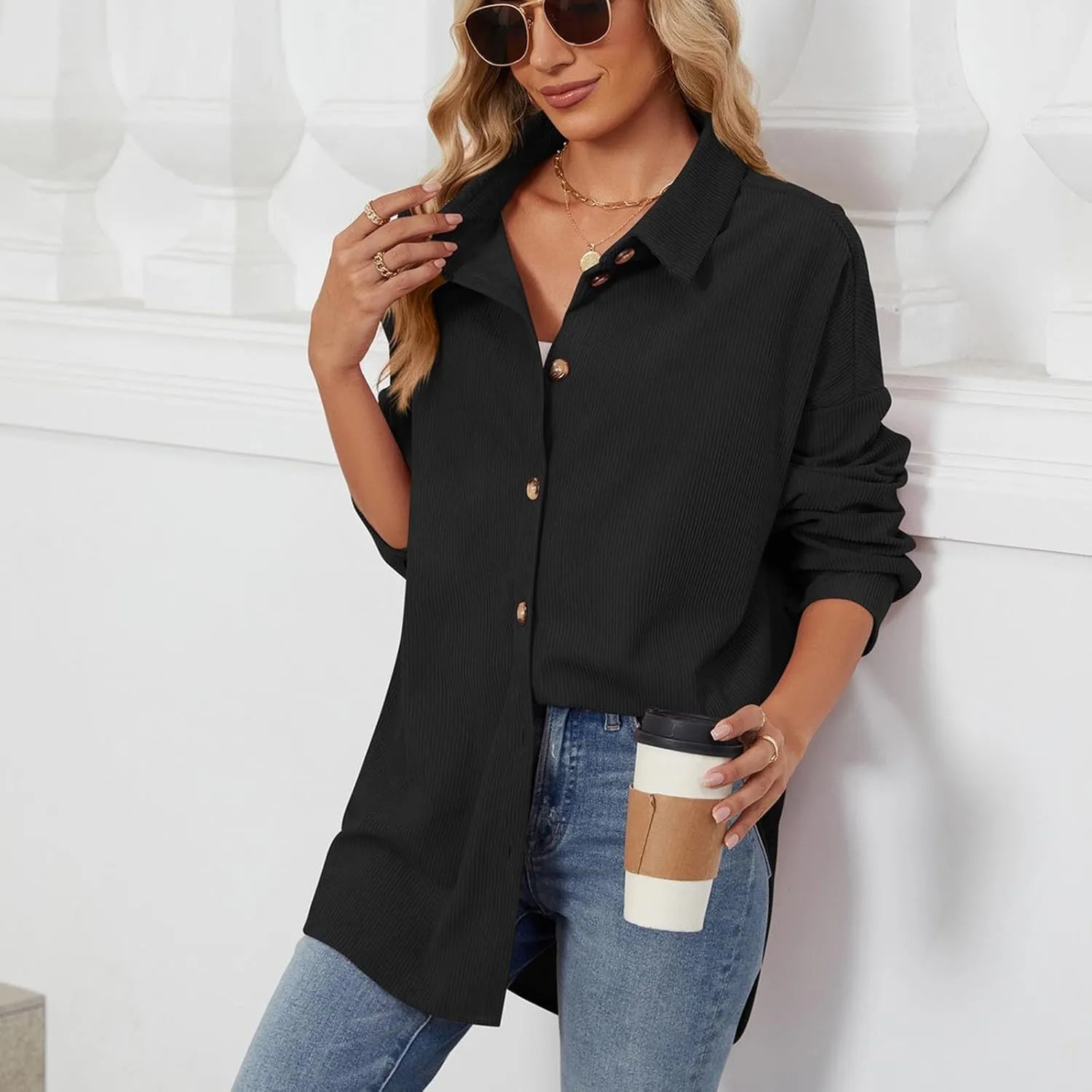 Women's Corduroy Shirt Long Sleeve Button Down Shacket Jacket Casual Oversized Top Trendy Versatile Fall Coats 2024
