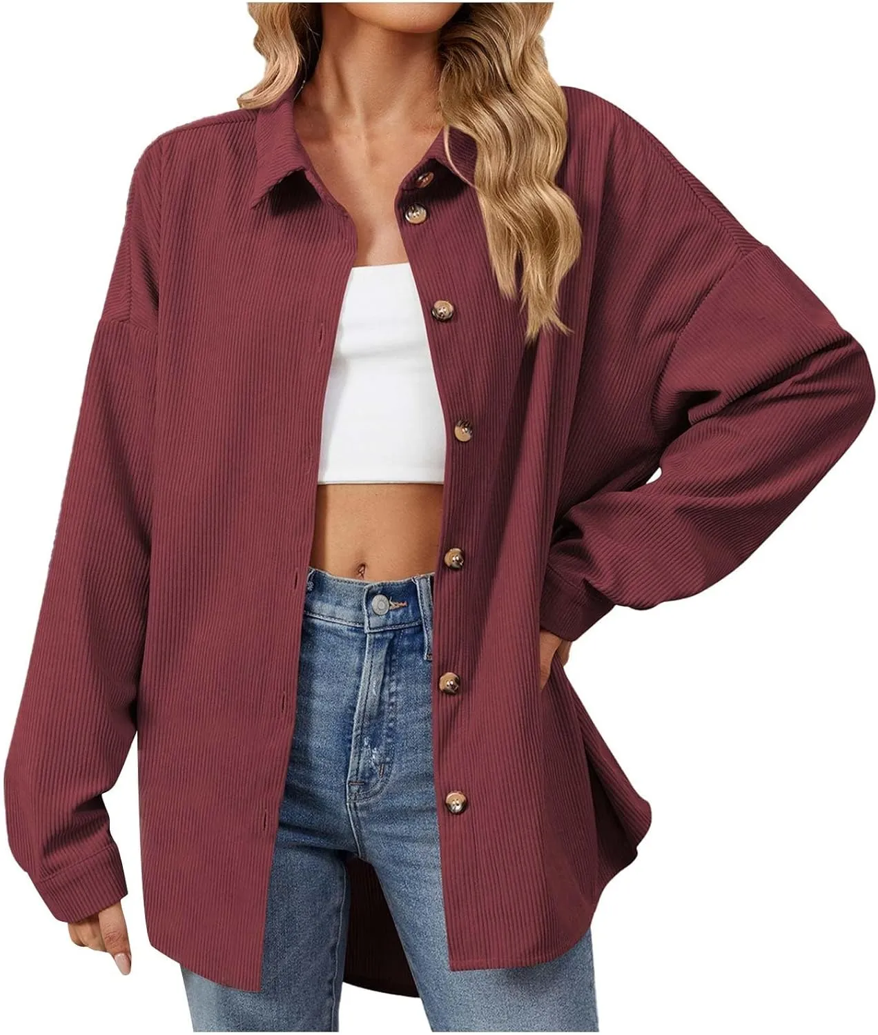 Women's Corduroy Shirt Long Sleeve Button Down Shacket Jacket Casual Oversized Top Trendy Versatile Fall Coats 2024