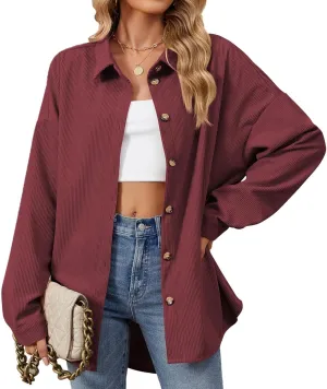 Women's Corduroy Shirt Long Sleeve Button Down Shacket Jacket Casual Oversized Top Trendy Versatile Fall Coats 2024