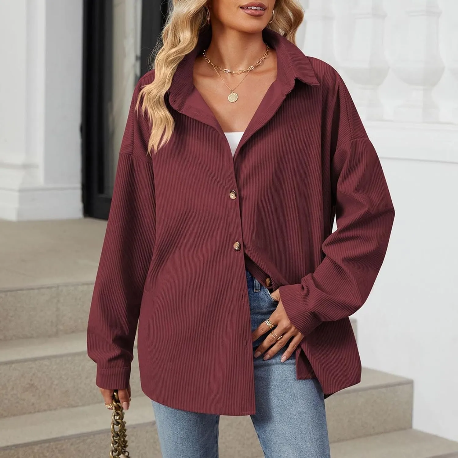 Women's Corduroy Shirt Long Sleeve Button Down Shacket Jacket Casual Oversized Top Trendy Versatile Fall Coats 2024