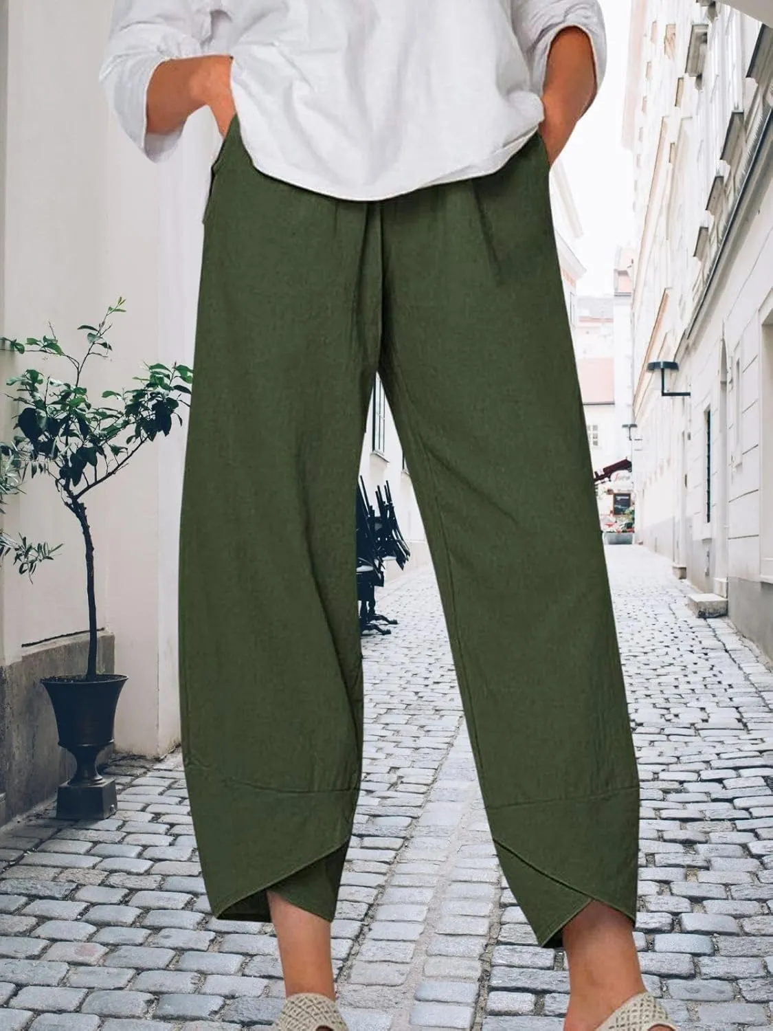 Women's Cotton Linen Pants Summer 2025 Casual Capri Pants with Pockets Cropped High Waisted Comfy Baggy Trousers