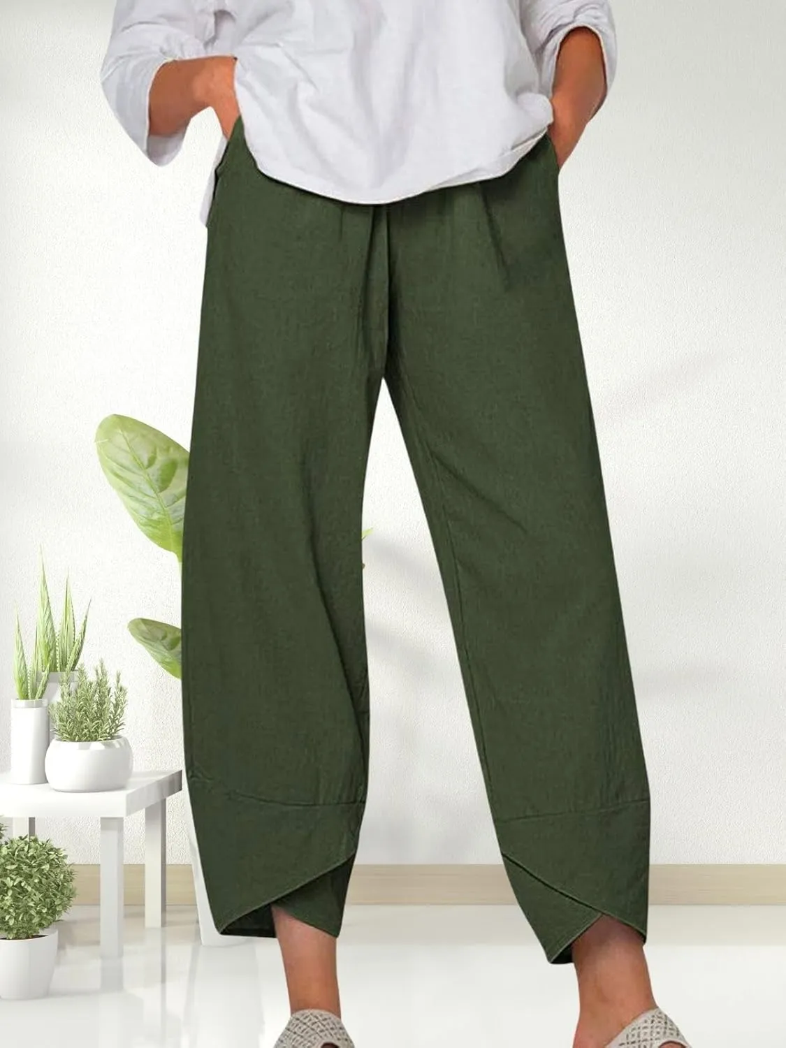 Women's Cotton Linen Pants Summer 2025 Casual Capri Pants with Pockets Cropped High Waisted Comfy Baggy Trousers
