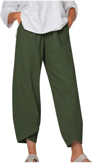 Women's Cotton Linen Pants Summer 2025 Casual Capri Pants with Pockets Cropped High Waisted Comfy Baggy Trousers