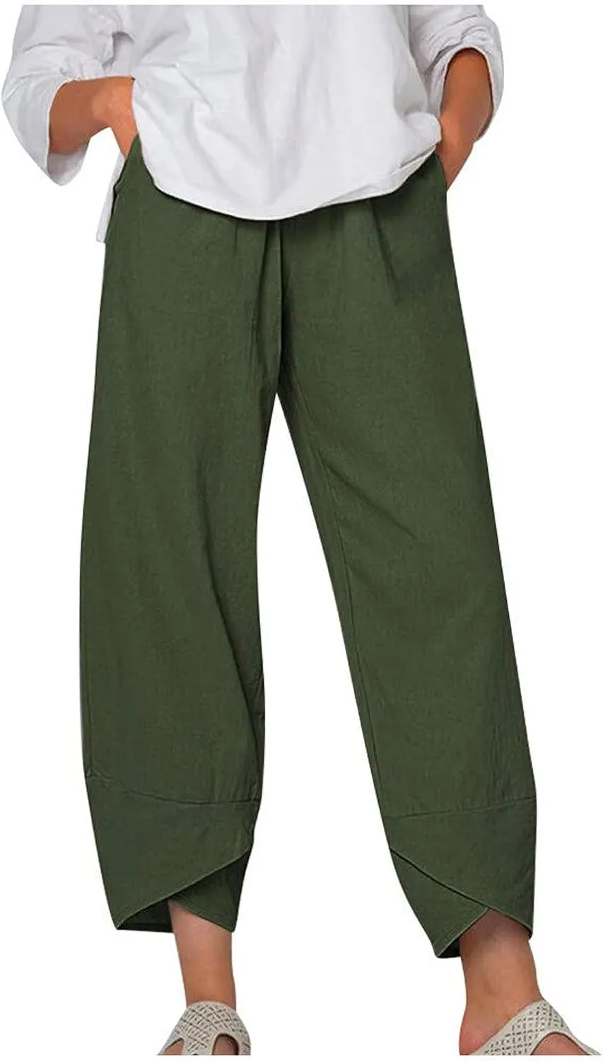 Women's Cotton Linen Pants Summer 2025 Casual Capri Pants with Pockets Cropped High Waisted Comfy Baggy Trousers