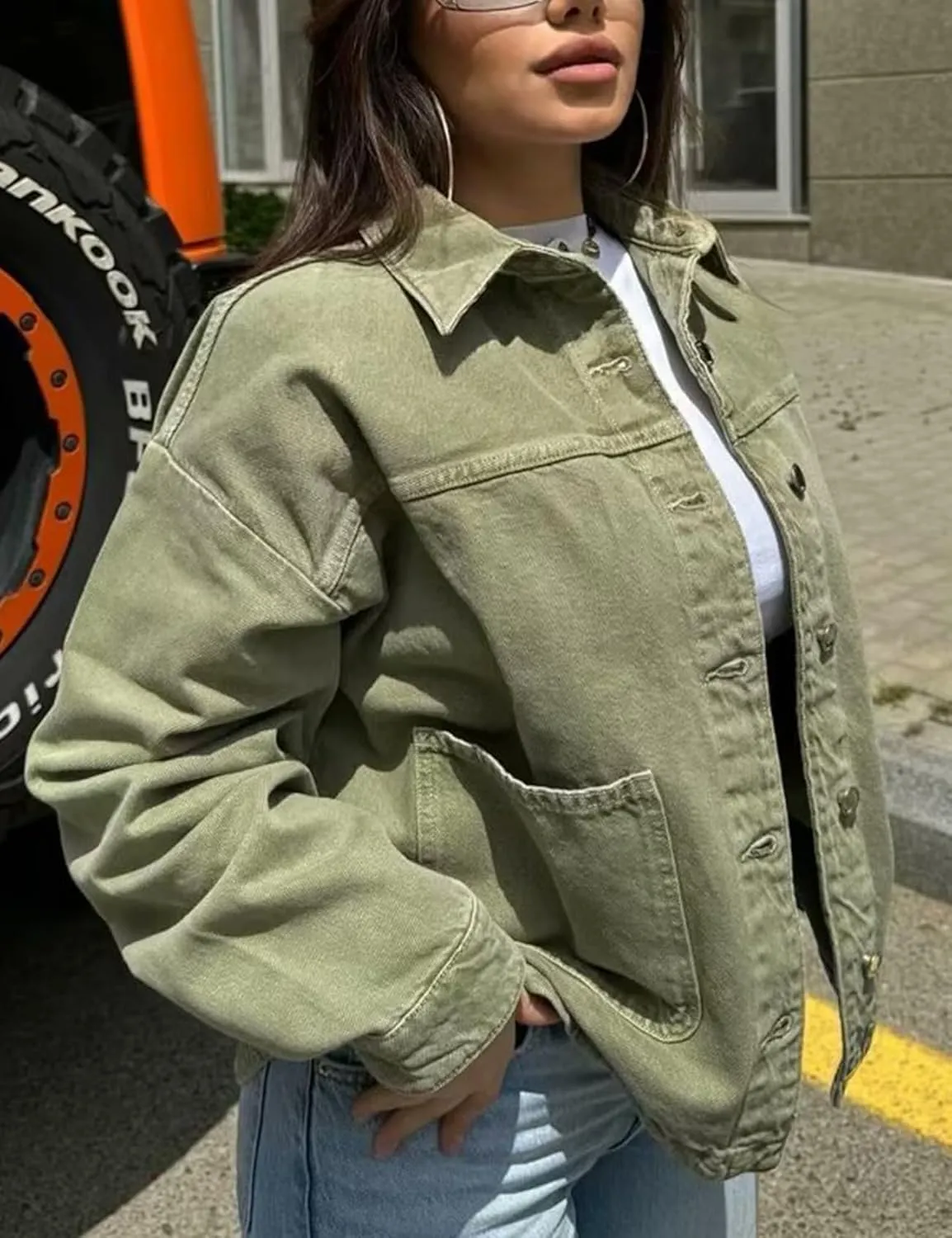 Womens Denim Jacket Button Up Jean Coat Collared Neck MidLong Solid Fashion Trucker Jacket with Pocket Casual Top