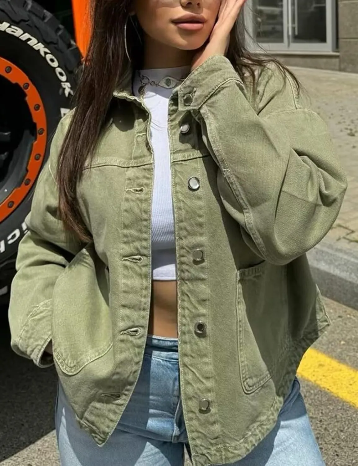 Womens Denim Jacket Button Up Jean Coat Collared Neck MidLong Solid Fashion Trucker Jacket with Pocket Casual Top