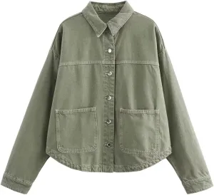 Womens Denim Jacket Button Up Jean Coat Collared Neck MidLong Solid Fashion Trucker Jacket with Pocket Casual Top