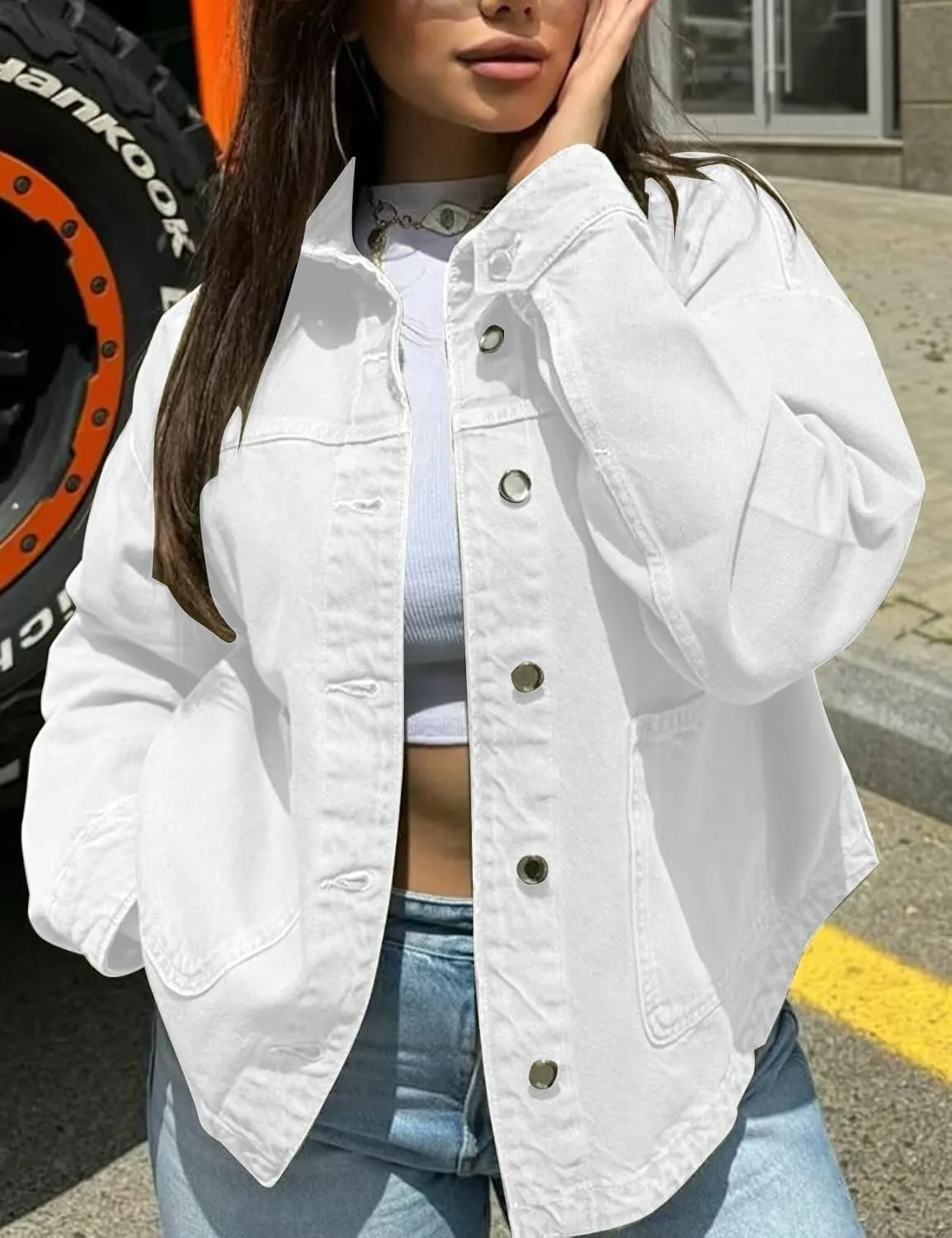 Womens Denim Jacket Button Up Jean Coat Collared Neck MidLong Solid Fashion Trucker Jacket with Pocket Casual Top