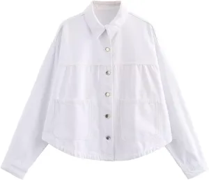 Womens Denim Jacket Button Up Jean Coat Collared Neck MidLong Solid Fashion Trucker Jacket with Pocket Casual Top