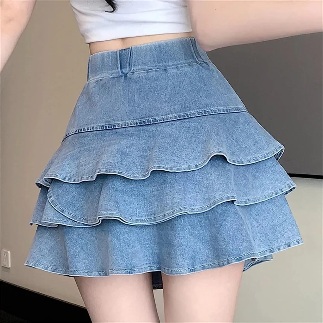 Women's Denim Mini Skirt Pleated Skirt Tiered Ruffle A-Line Short Lingerie Skirt