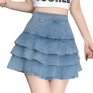 Women's Denim Mini Skirt Pleated Skirt Tiered Ruffle A-Line Short Lingerie Skirt