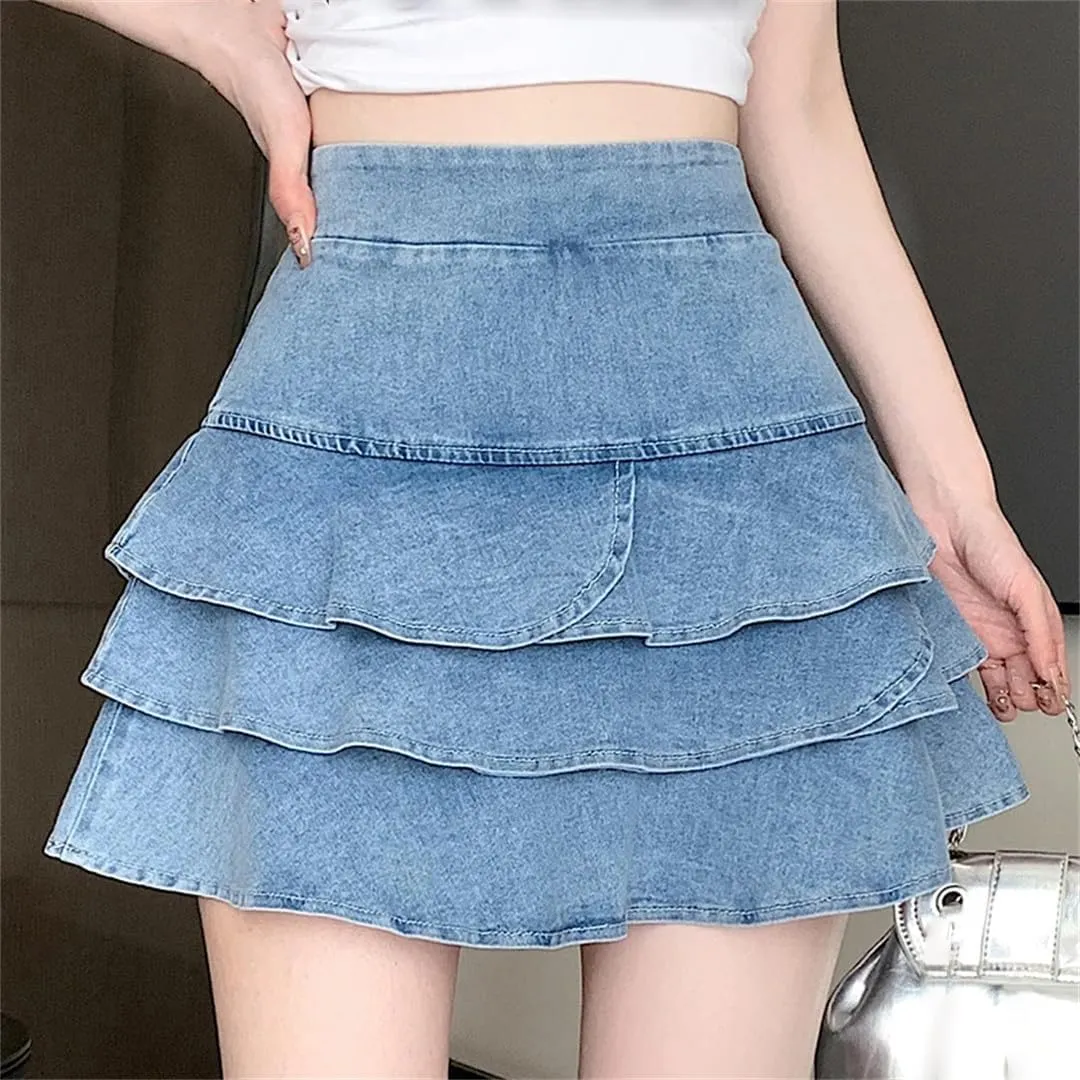 Women's Denim Mini Skirt Pleated Skirt Tiered Ruffle A-Line Short Lingerie Skirt