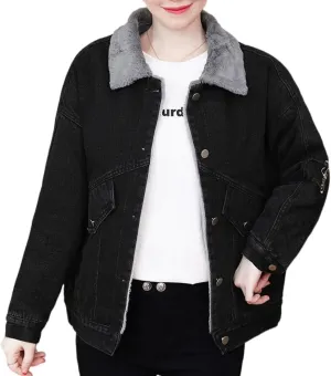 Women's Jean Jacket Embroidery Lapel Fleece Lined Button Up Denim Jacket Work Casual Trucker Coats