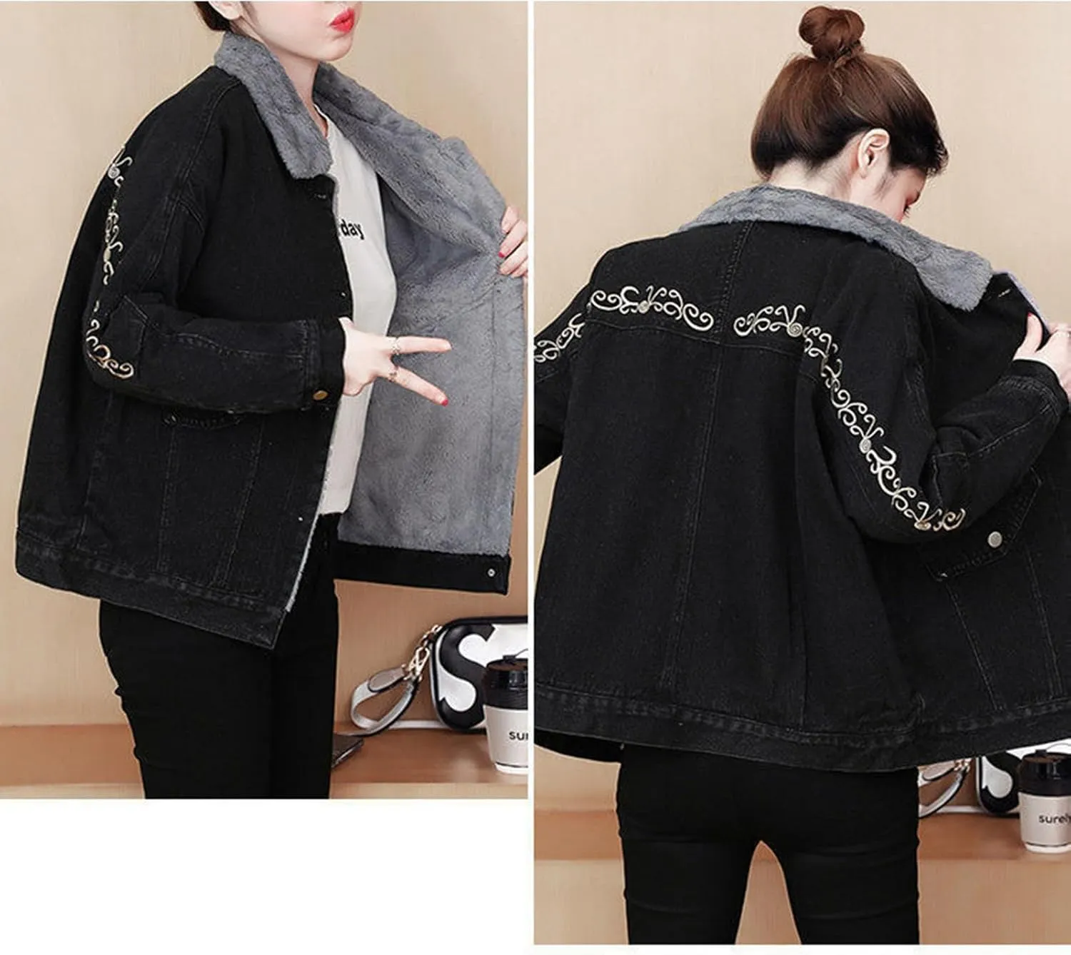 Women's Jean Jacket Embroidery Lapel Fleece Lined Button Up Denim Jacket Work Casual Trucker Coats