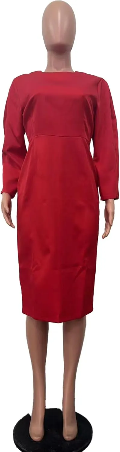 Women's Long Sleeve Bodycon Midi Dress Casual Solid Color Crew Neck Wrap Back Slit Cocktail Party Pencil Dresses