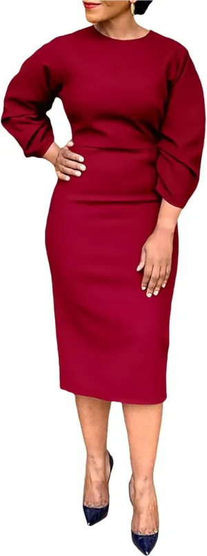 Women's Long Sleeve Bodycon Midi Dress Casual Solid Color Crew Neck Wrap Back Slit Cocktail Party Pencil Dresses