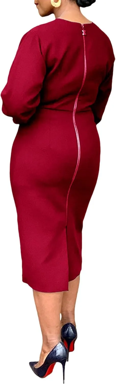 Women's Long Sleeve Bodycon Midi Dress Casual Solid Color Crew Neck Wrap Back Slit Cocktail Party Pencil Dresses