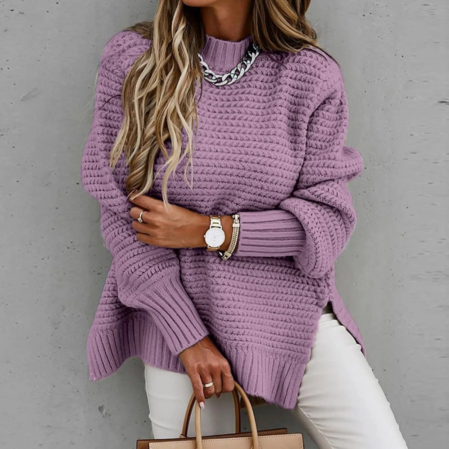 Women's Mock Turtleneck Oversize Chunky Knit Side Split Solid Color Long Sleeve Casual Sweater