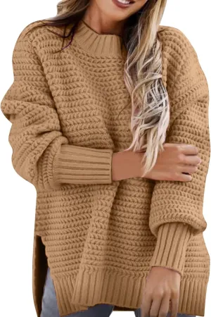 Women's Mock Turtleneck Oversize Chunky Knit Side Split Solid Color Long Sleeve Casual Sweater
