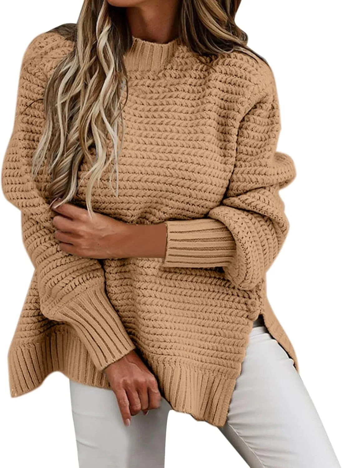 Women's Mock Turtleneck Oversize Chunky Knit Side Split Solid Color Long Sleeve Casual Sweater