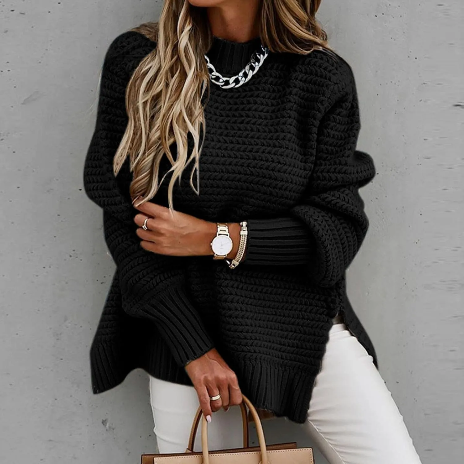 Women's Mock Turtleneck Oversize Chunky Knit Side Split Solid Color Long Sleeve Casual Sweater
