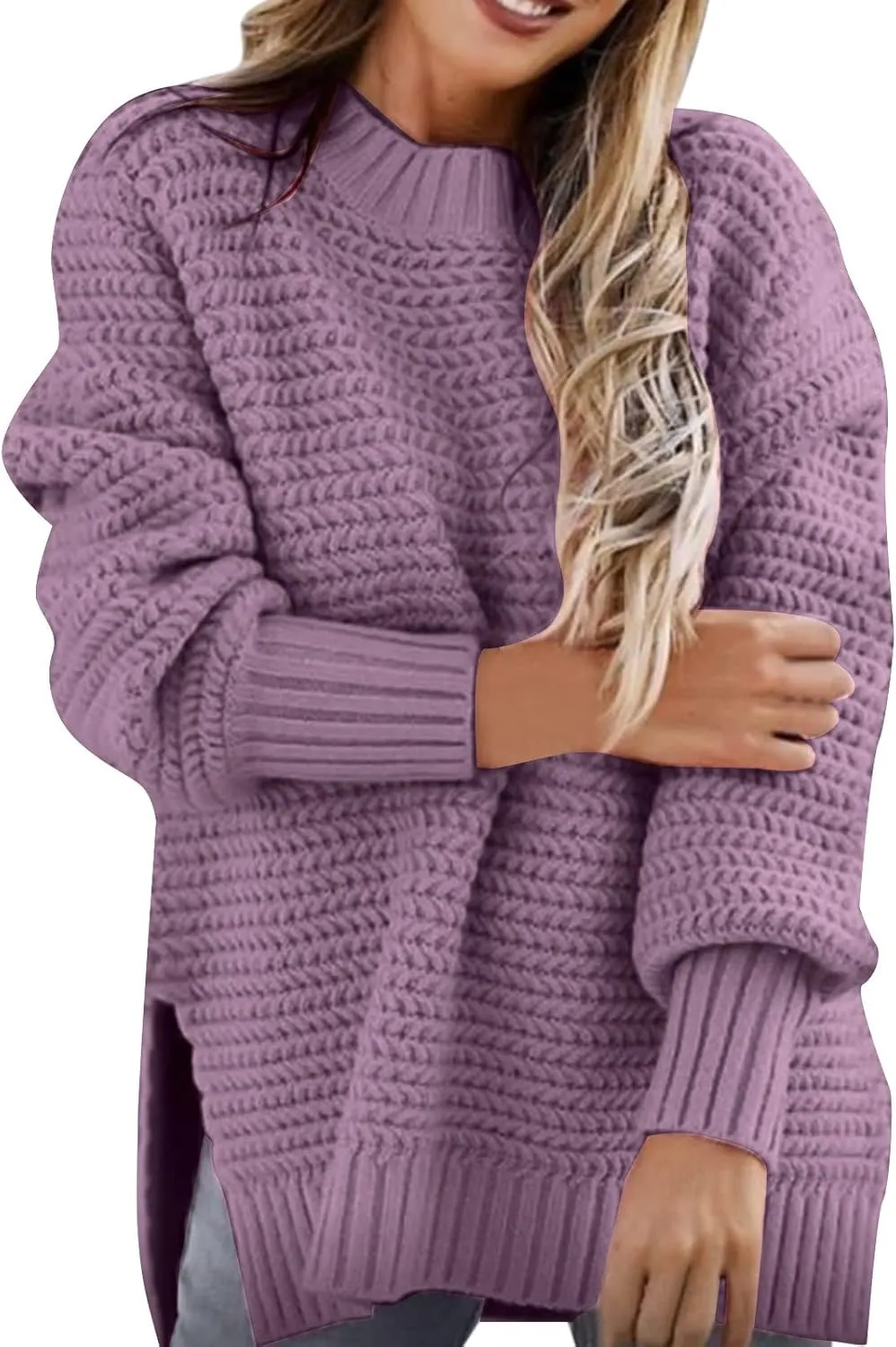 Women's Mock Turtleneck Oversize Chunky Knit Side Split Solid Color Long Sleeve Casual Sweater