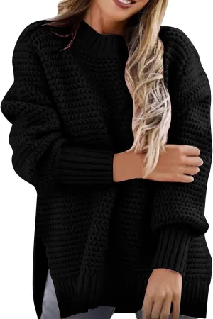 Women's Mock Turtleneck Oversize Chunky Knit Side Split Solid Color Long Sleeve Casual Sweater