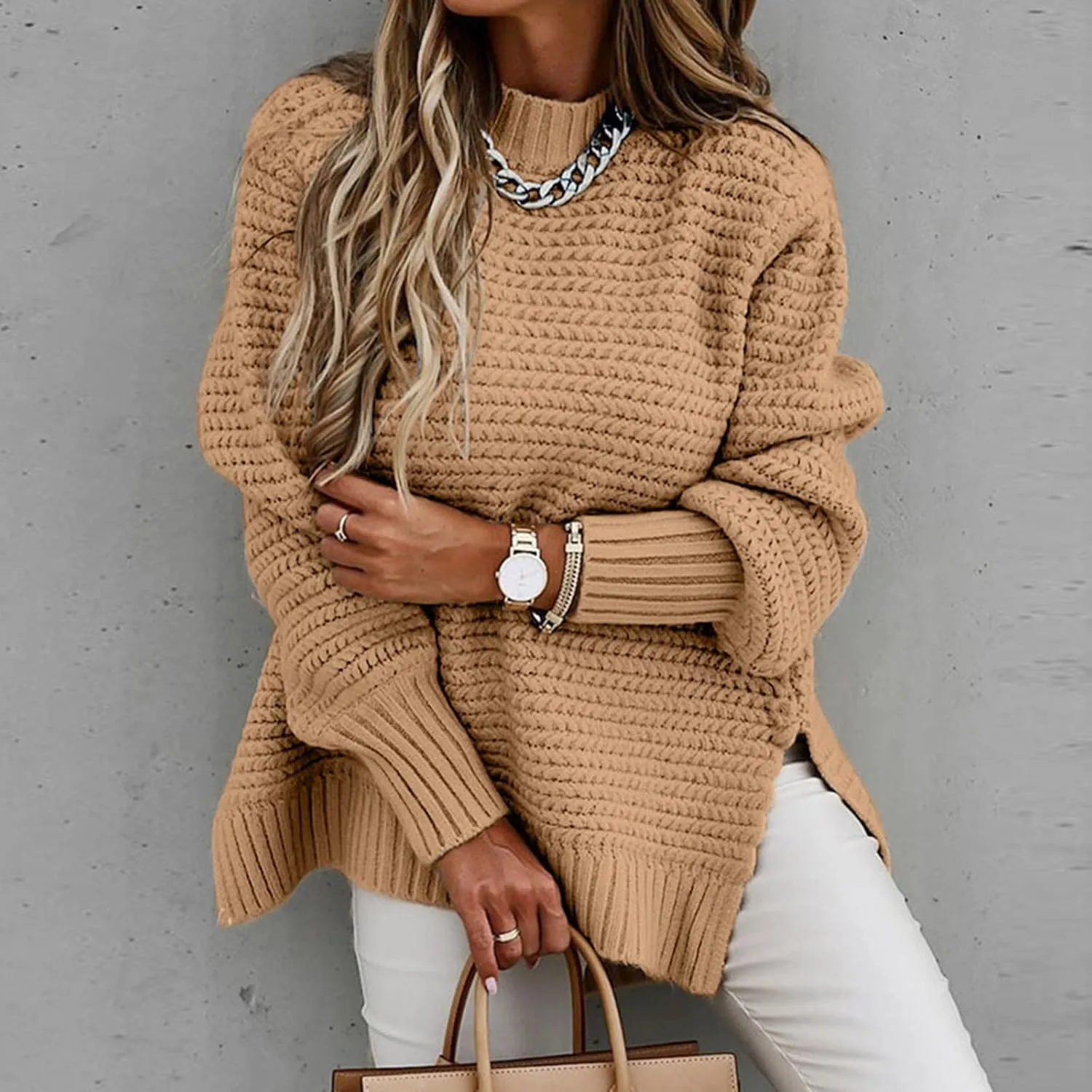Women's Mock Turtleneck Oversize Chunky Knit Side Split Solid Color Long Sleeve Casual Sweater