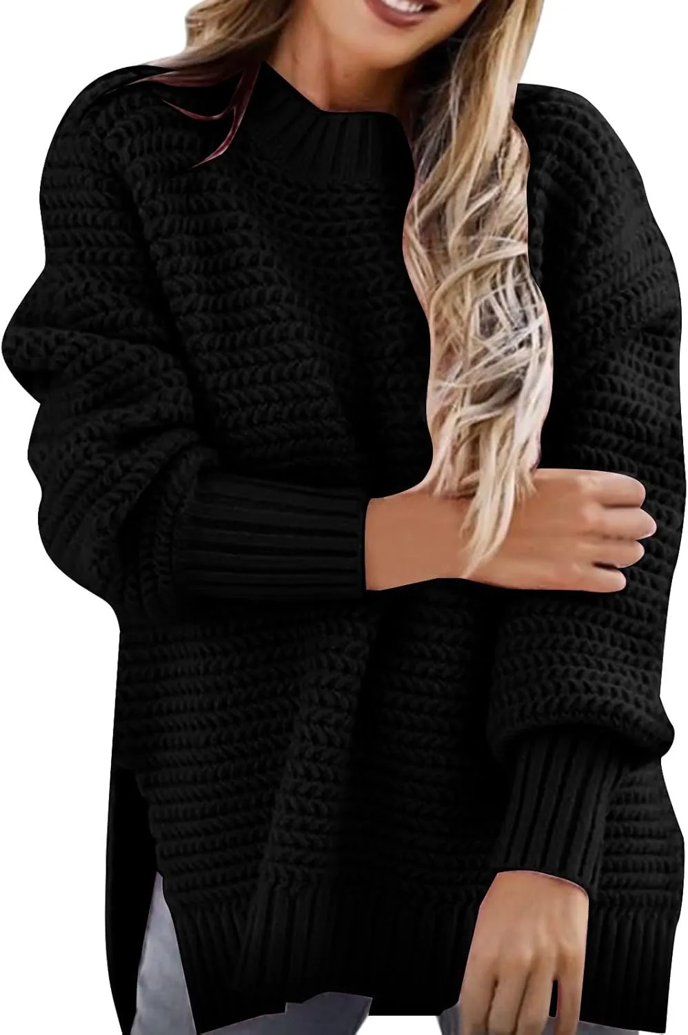 Women's Mock Turtleneck Oversize Chunky Knit Side Split Solid Color Long Sleeve Casual Sweater