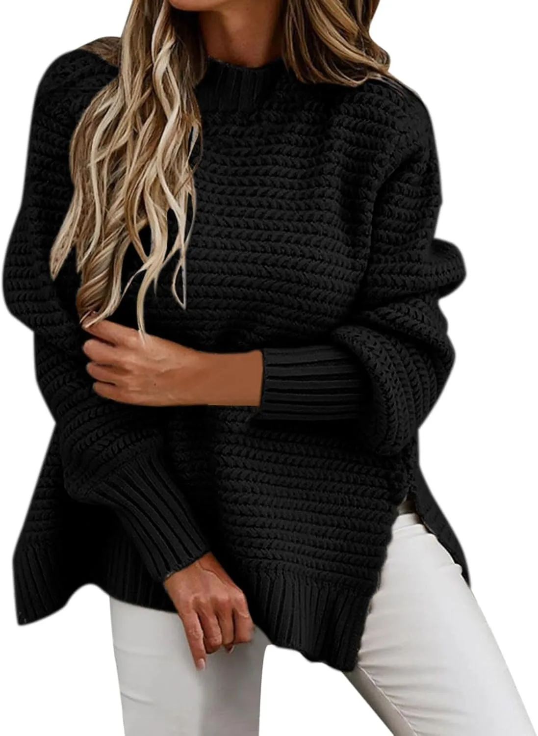 Women's Mock Turtleneck Oversize Chunky Knit Side Split Solid Color Long Sleeve Casual Sweater