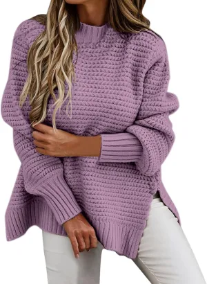 Women's Mock Turtleneck Oversize Chunky Knit Side Split Solid Color Long Sleeve Casual Sweater
