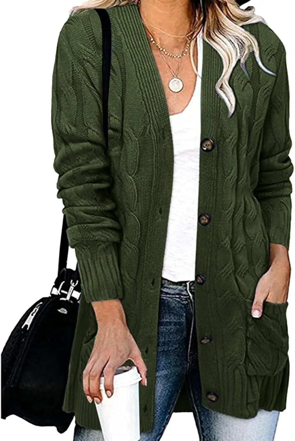 Women's Open Front Cardigan Sweaters Fashion Button Down Knit Chunky Coats 2024 Fall Long Sleeve Loose Outerwear
