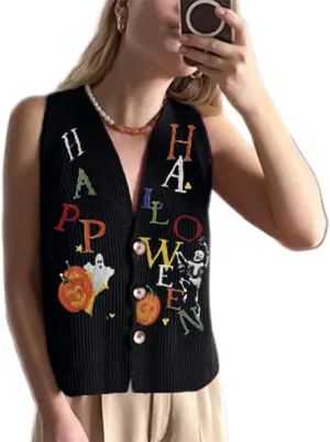 Women's Sequin Holiday Sweater Vest Vintage Embroidered Beaded Button Front Crochet Tank Y2K Novelty Knit Vest Tops