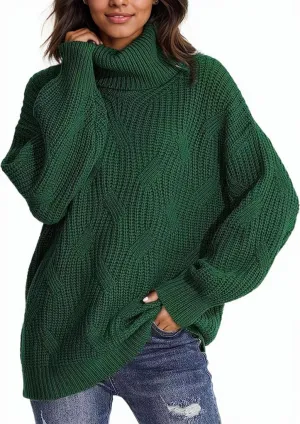 Women's Solid Color Long Sleeve Sweater Knit High Neck Pullover Oversized Sweater Turtleneck Casual Knitwear