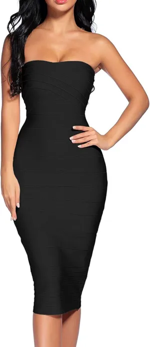 Women's Strapless Bandage Dress Celebrity Midi Evening Party Bodycon Dresses