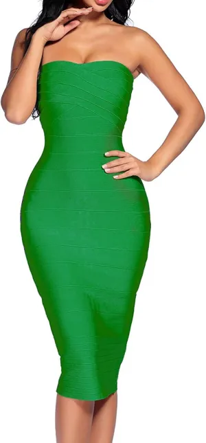 Women's Strapless Bandage Dress Celebrity Midi Evening Party Bodycon Dresses