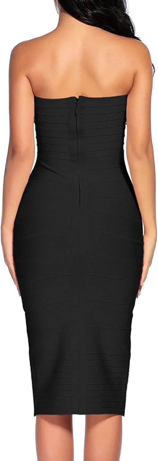 Women's Strapless Bandage Dress Celebrity Midi Evening Party Bodycon Dresses