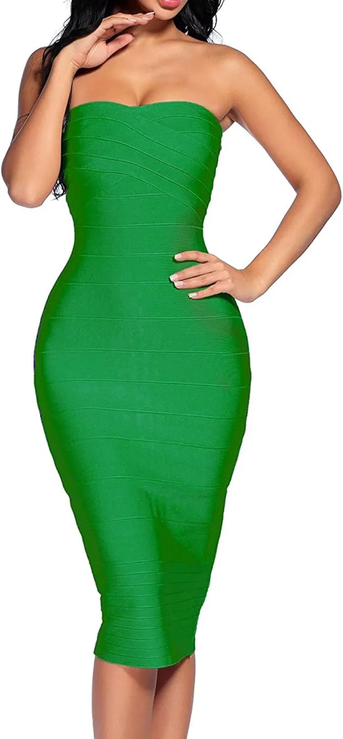Women's Strapless Bandage Dress Celebrity Midi Evening Party Bodycon Dresses