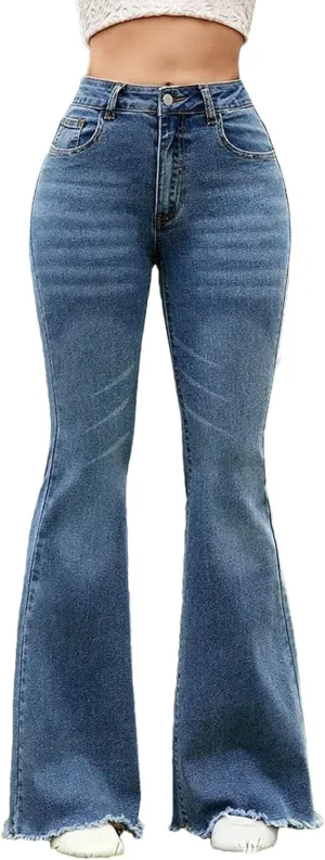 Women's Stretchy Skinny Ripped Jeans Button Mid Waist Full Length Bell Bottoms Pants
