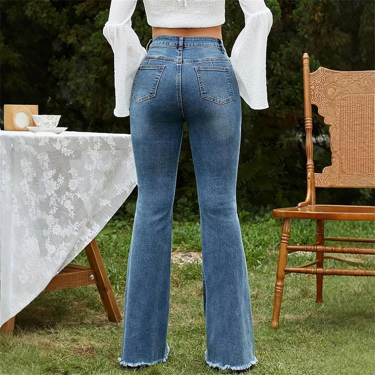 Women's Stretchy Skinny Ripped Jeans Button Mid Waist Full Length Bell Bottoms Pants